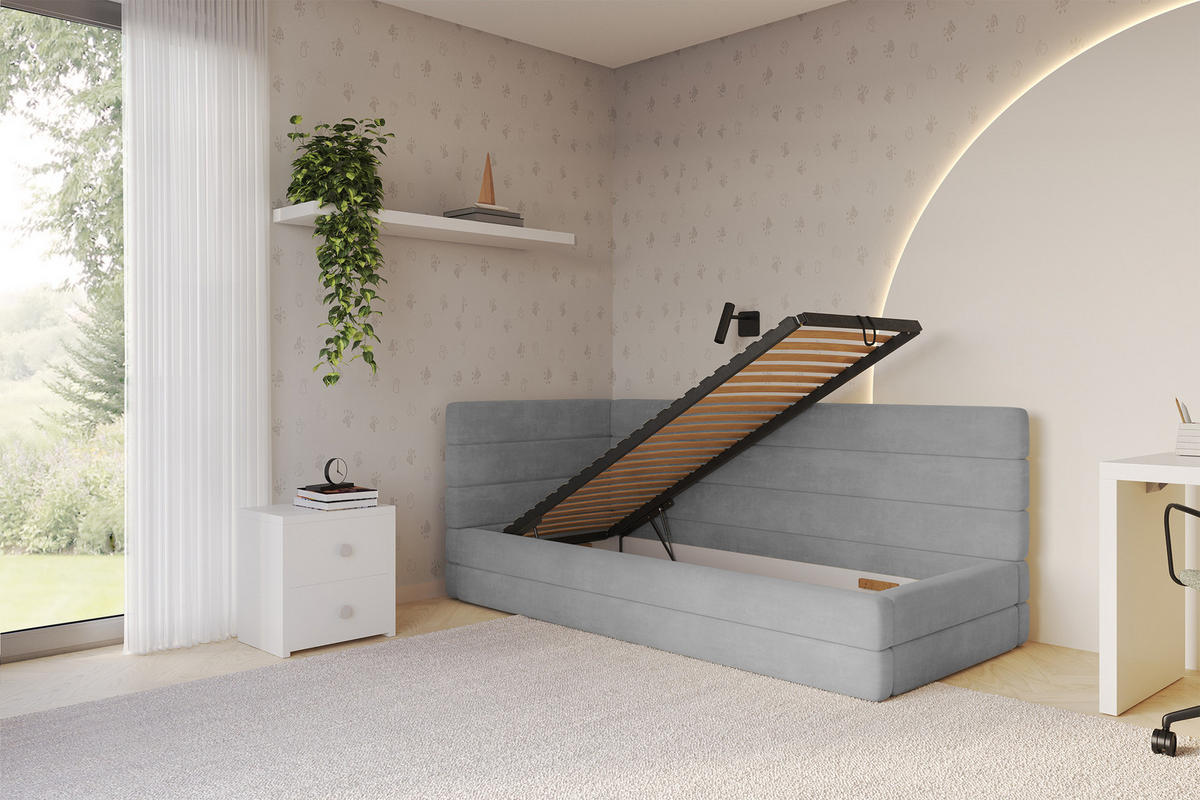 EINZELLBETT Jugendbett mit Bettkasten, Rechts - BEMY 90x200 Grau - Silberfarben, Holzwerkstoff/Textil (90/200cm) - ALTDECOR