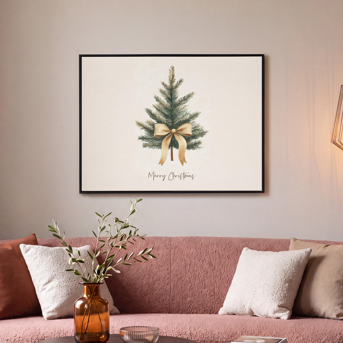 LEINWAND Bilder mit Rahmen - Weihnachtsbaum - Weihnachten - Frohe Weihnachten - Beige - 80x60 - Sandfarben, Textil (80/60cm) - MuchoWow