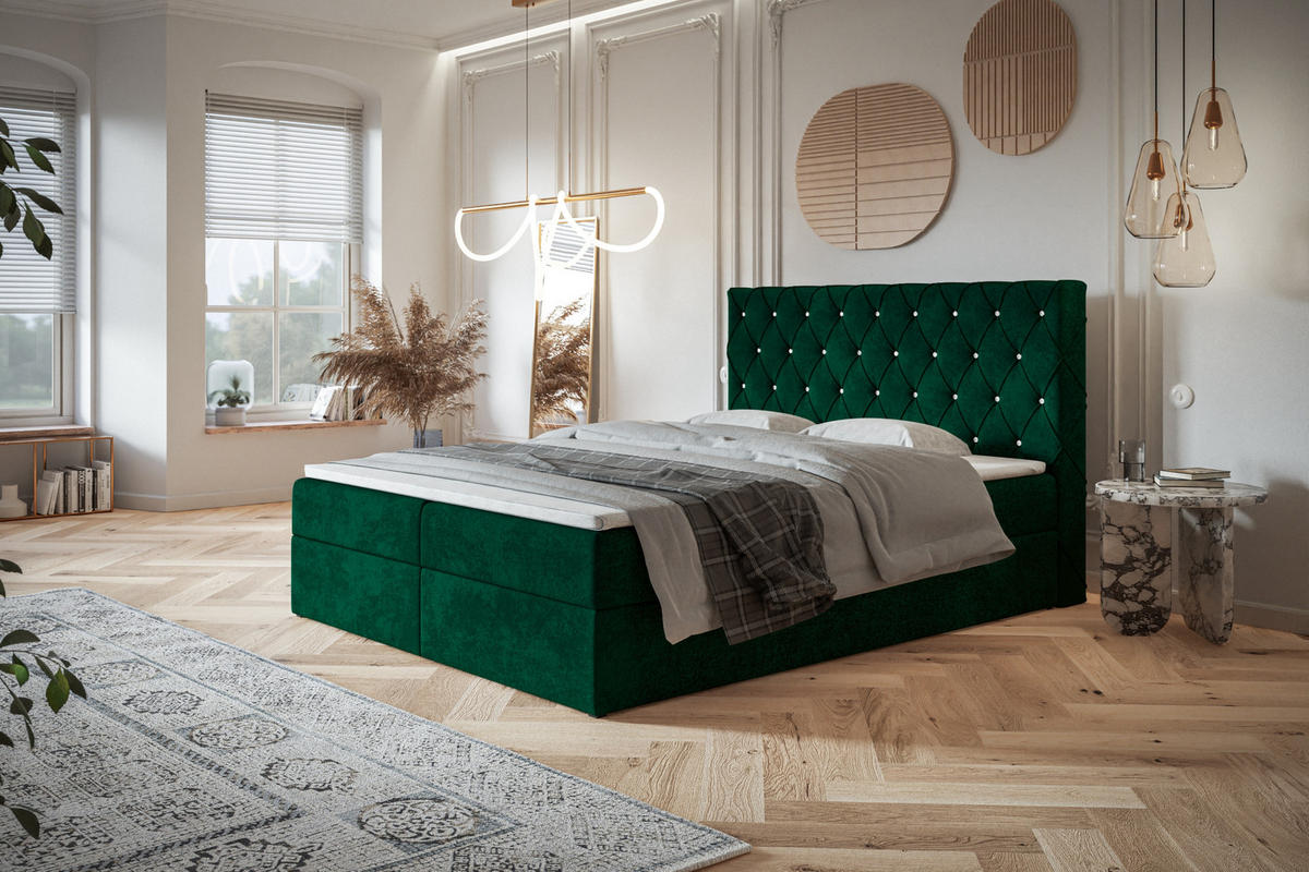 BOXBETT BOSTON mit 2 Bettkästen, 120x200, Farbe: Dunkelgrün, Velourstoff, Doppelbett mit Bonell-Matratze - Dunkelgrün, Holz/Kunststoff (120/200cm) - Alpi-Möbel