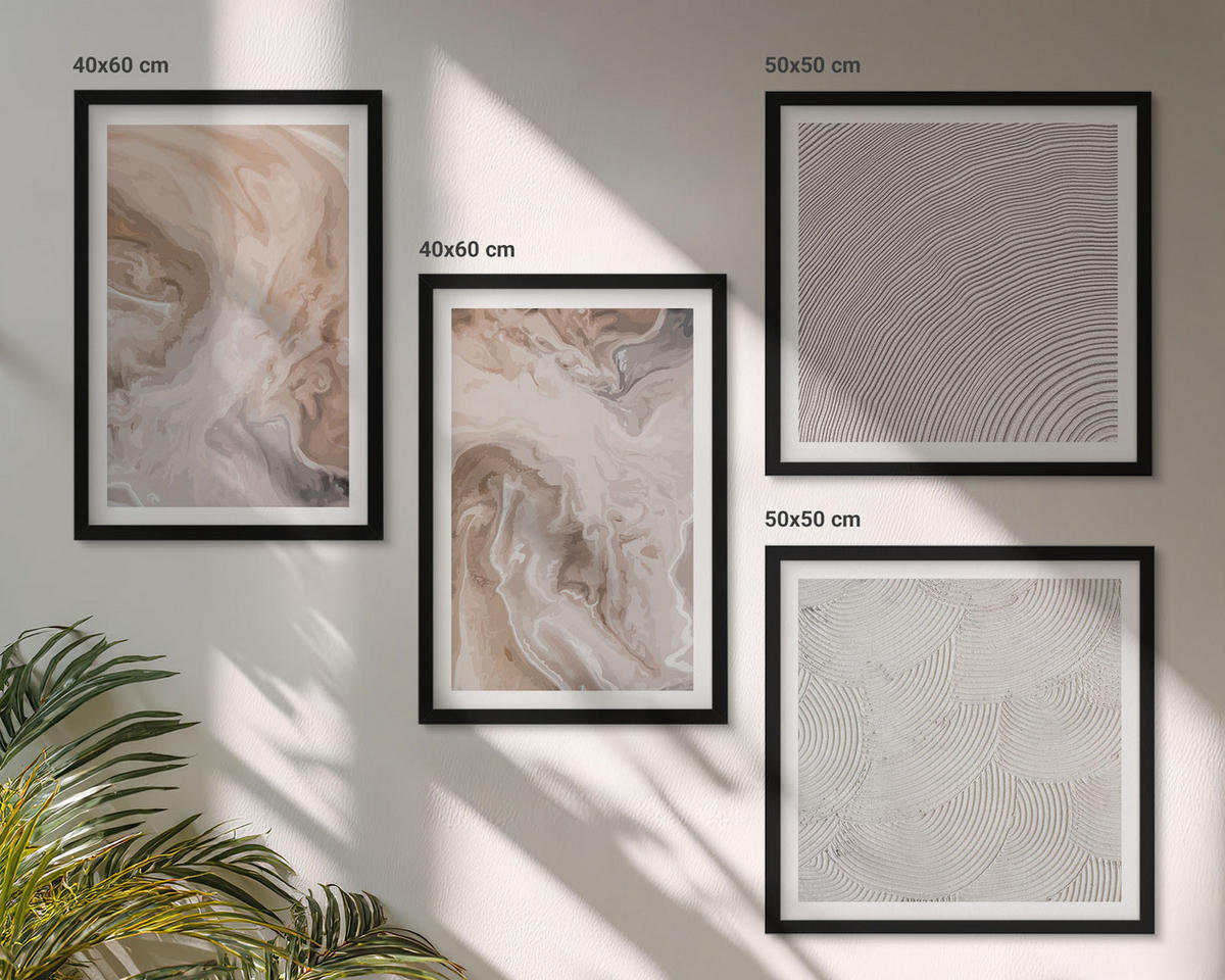 WANDBILDER 4er-Set - 50x50 cm & 40x60 cm Schwarzer Rahmen - Marmorstein-Texturmuster - Schwarz, Kunststoff (50/50cm) - ArtPrintCave