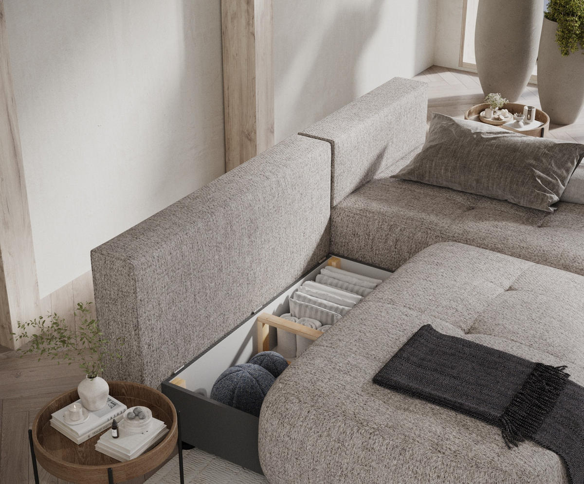 ECKSOFA MIT SCHLAFFUNKTION Batu Hellbraun Webstoff - Hellbraun/Schwarz, Holz/Holzwerkstoff (223/158cm) - Maison de Reve