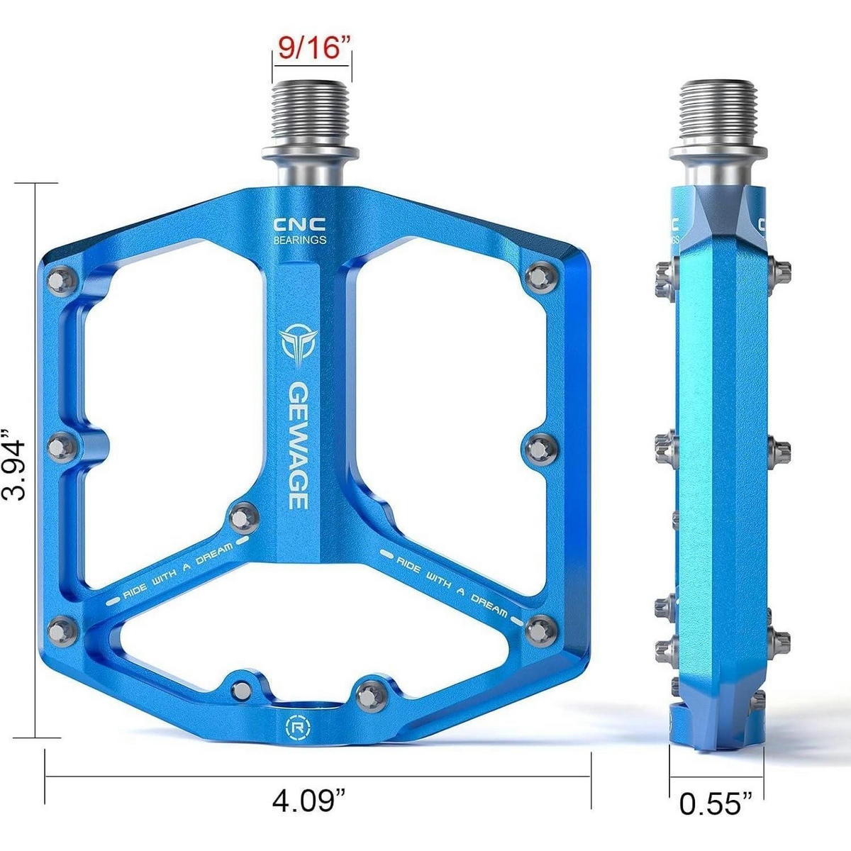 FAHRRADPEDALE Rennrad/Mountainbike Blau 9/16 Zoll mit 3 Lagern und abnehmbaren Pins - Blau, Metall (10/1.5/10.4cm)