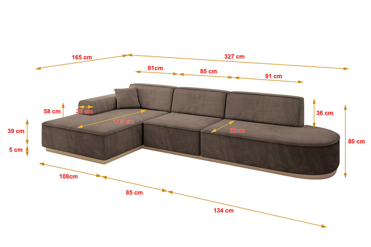 ECKSOFA Ottomane Links IREA-L2 - 327x165x80 cm Braun - Braun, Holzwerkstoff/Textil (327/165cm) - ALTDECOR