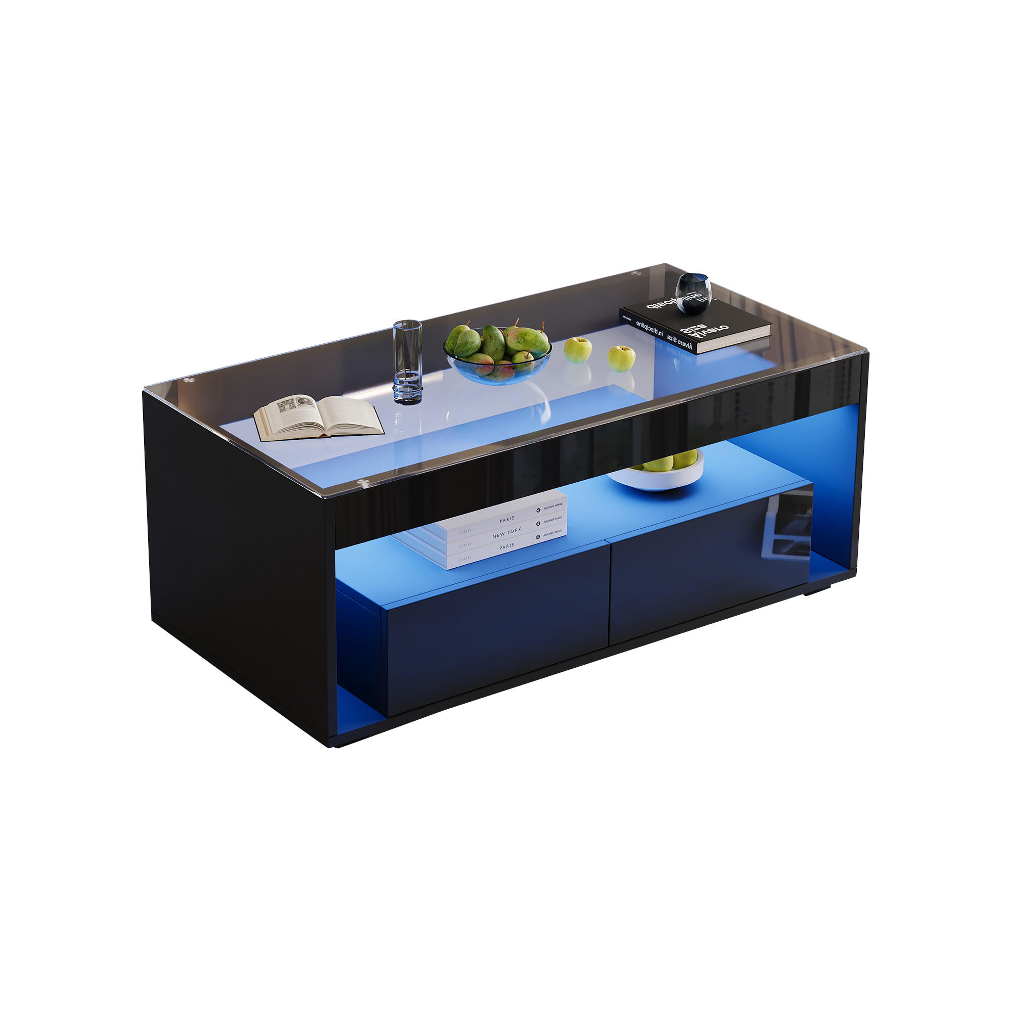 COUCHTISCH LED Schwarz Hochglanz Glas 16 Farben 2 Schubladen gehärtetes Glas Stauraum modern - Schwarz, Glas/Holzwerkstoff (100/50/40cm) - EVRYAE