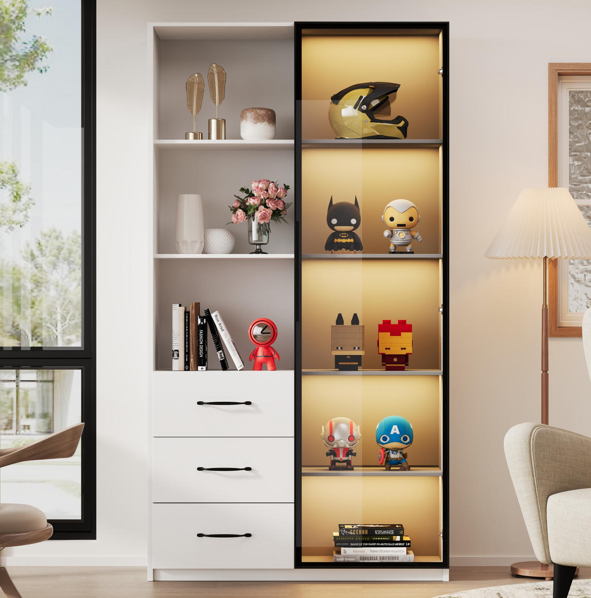 HIGHBOARD mit Glastür 80/40/160 cm – mit LED-Beleuchtung und 3 Schubladen - Weiß, Holzwerkstoff (80/160/40cm) - BEAOK