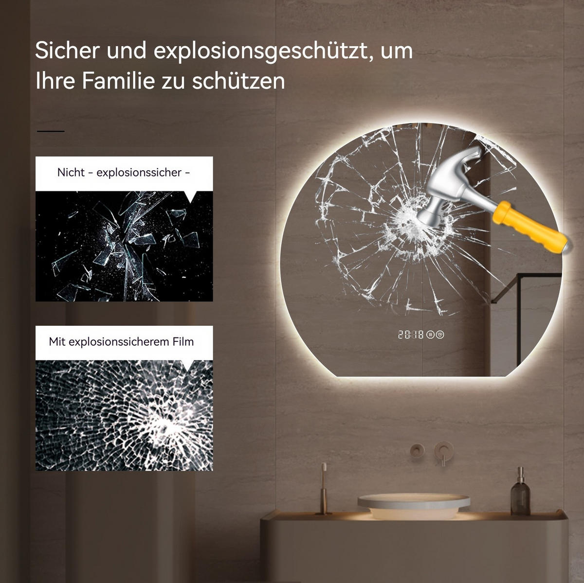 LED Badezimmerspiegel 80x72x2.5cm Silber, dimmbar mit 3 Lichtfarben, Entspiegelung & Smart-Display - Silberfarben, Glas (2.5/80/72cm) - Modfu