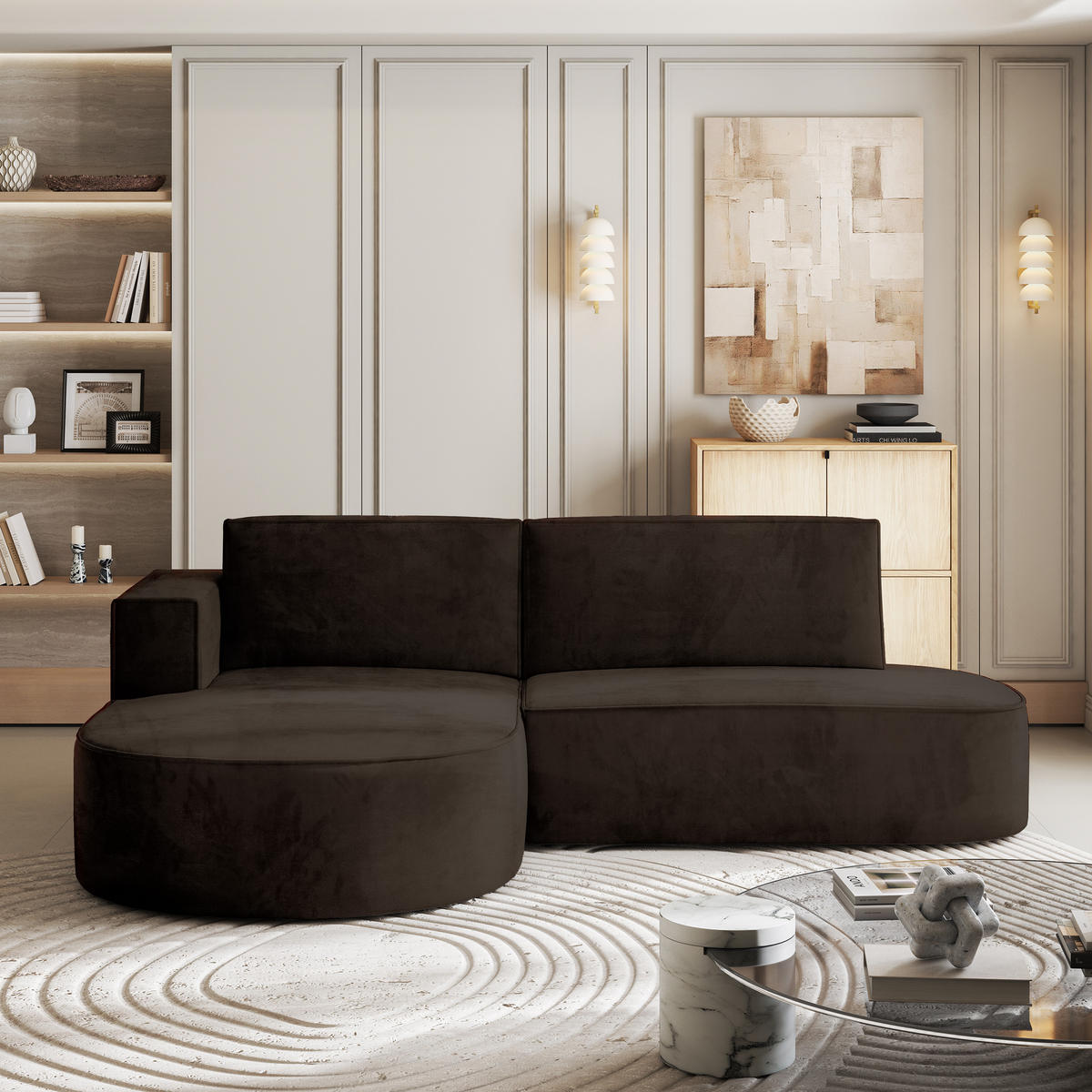 ECKSOFA CORTIO M L-S Braun Velours-Stoff mit Schlaffunktion - Braun/Grau, Holz/Kunststoff (265/174cm) - MASSENO