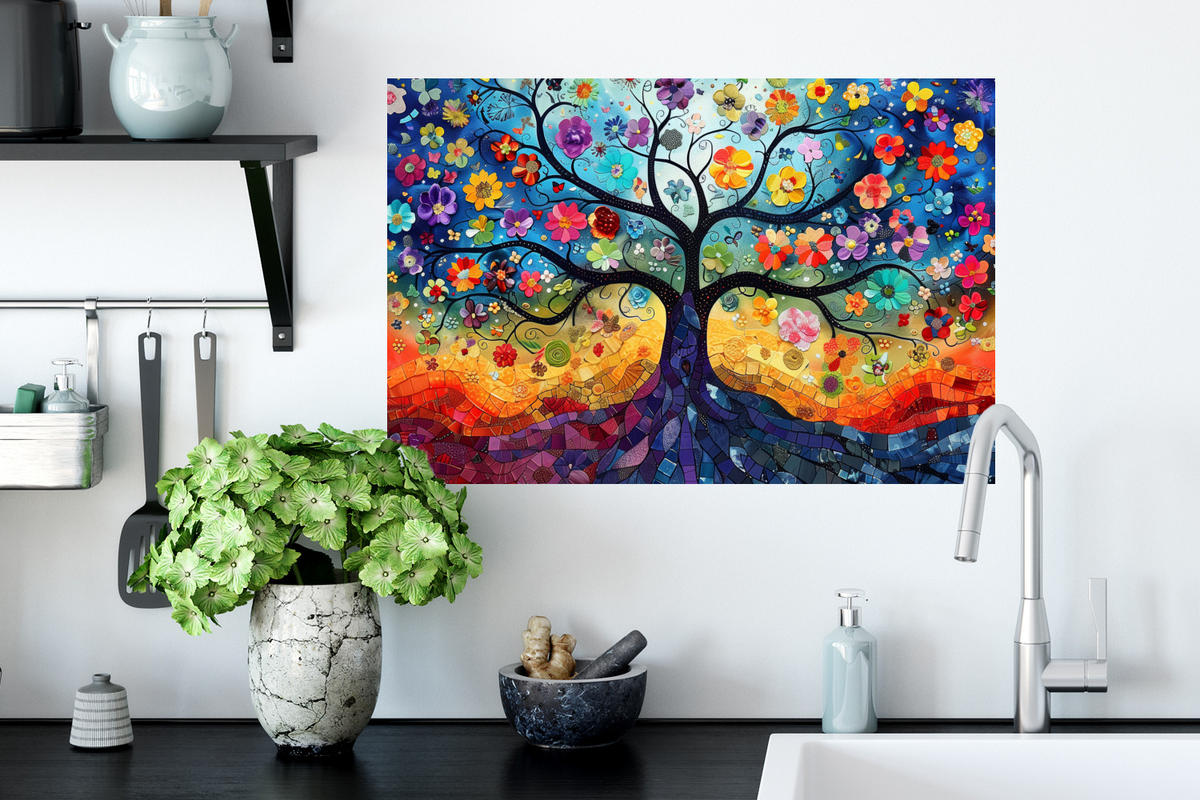 WANDTATTOO Kunst - Baum des Lebens - Blumen - Hippie 60x40 cm - Dunkelblau, Kunststoff (60/40/0.1cm) - MuchoWow
