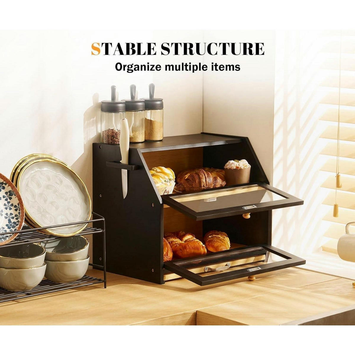 BROTKASTEN Bambus Schwarz mit Schneidebrett 39 x 26 x 32.5 cm - Schwarz, Naturmaterialien (26/32.9/39cm)