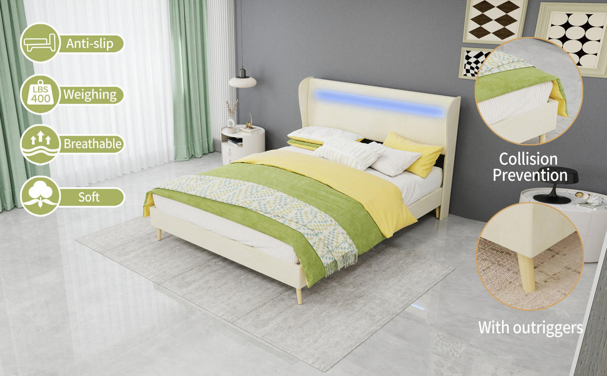 POLSTERBETT 140/200 cm mit LED-Beleuchtung, verstellbarer Rückenlehne und Matratze, Beige - Beige, Textil (140/200cm) - Redom