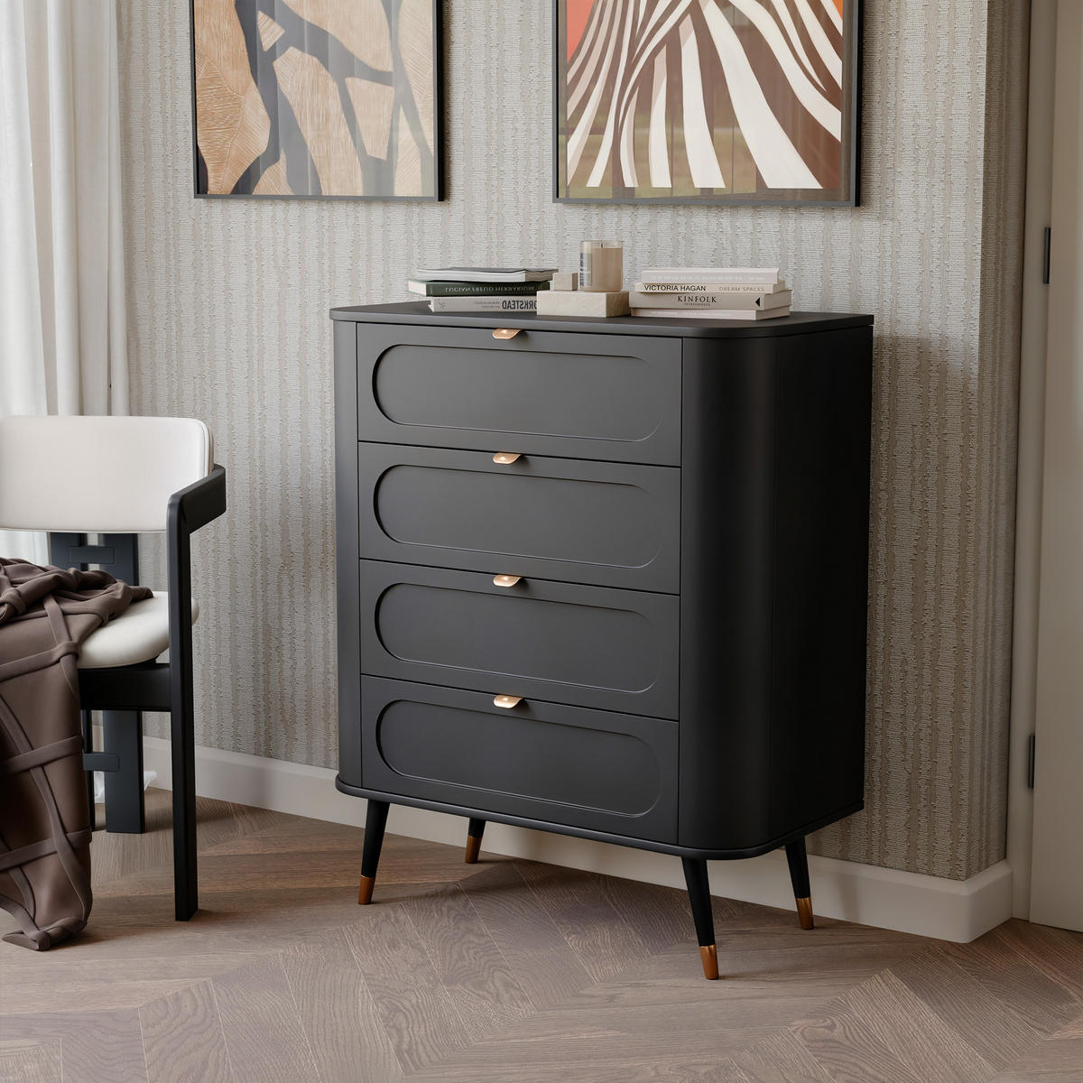 KOMMODE NOIR 78 cm, 4 Schublade(n) Schwarz - Goldfarben/Schwarz, Holzwerkstoff/Metall (78/98.4/40cm) - Idohome