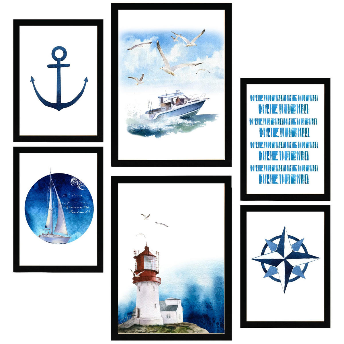 POSTER Set Mit 6 Dekoratives, Blatt Mit Marineblauer A3 & A4 Schwarzer Rahmen - Schwarz, Papier (29/3cm) - Nacnic