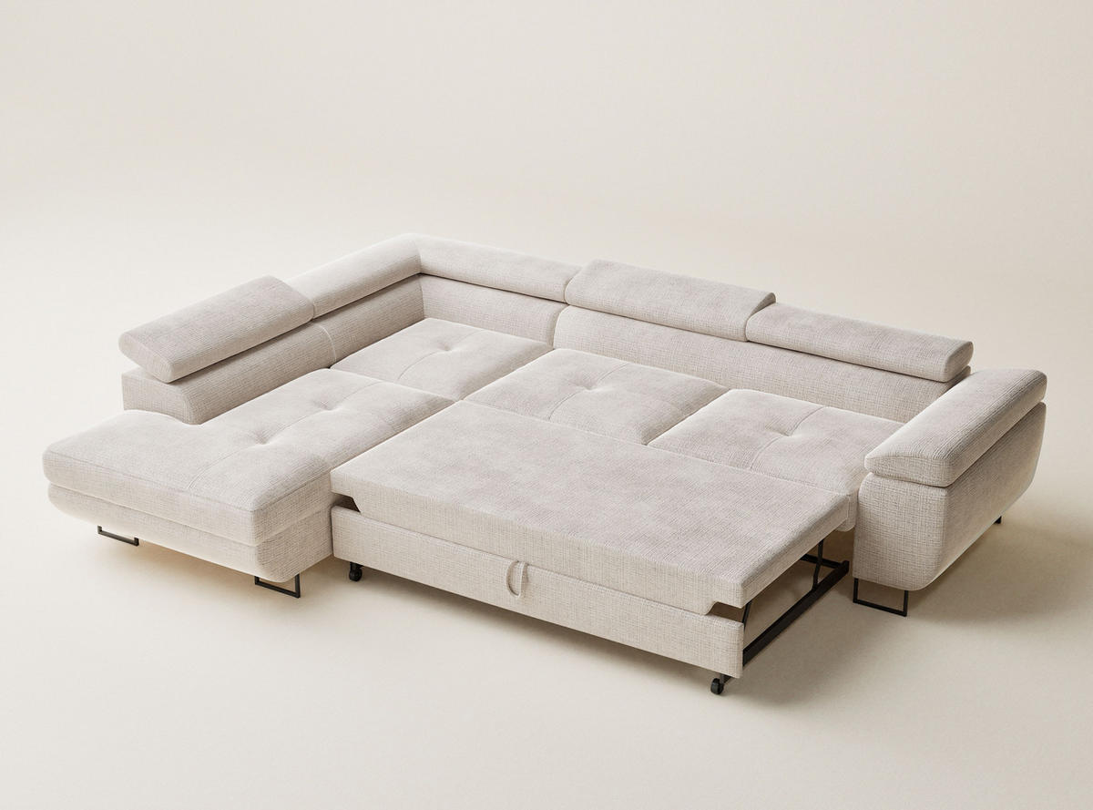 ECKSOFA Concord Creme Chenille-Stoff - Links Seite - Creme/Schwarz, Holz/Holzwerkstoff (203/277cm) - Maison de Reve