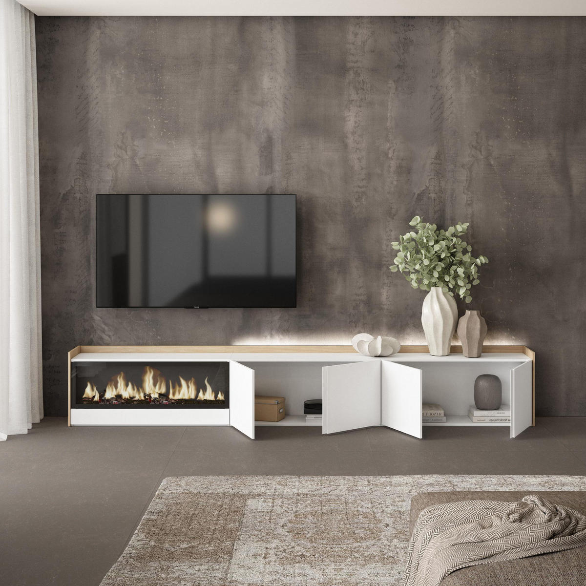 LOWBOARD, Weiß und Eiche, 315/35/50cm, Kamin mit Feuereffekt XXL - Weiß, Holzwerkstoff (315/50/35cm) - Skraut Home