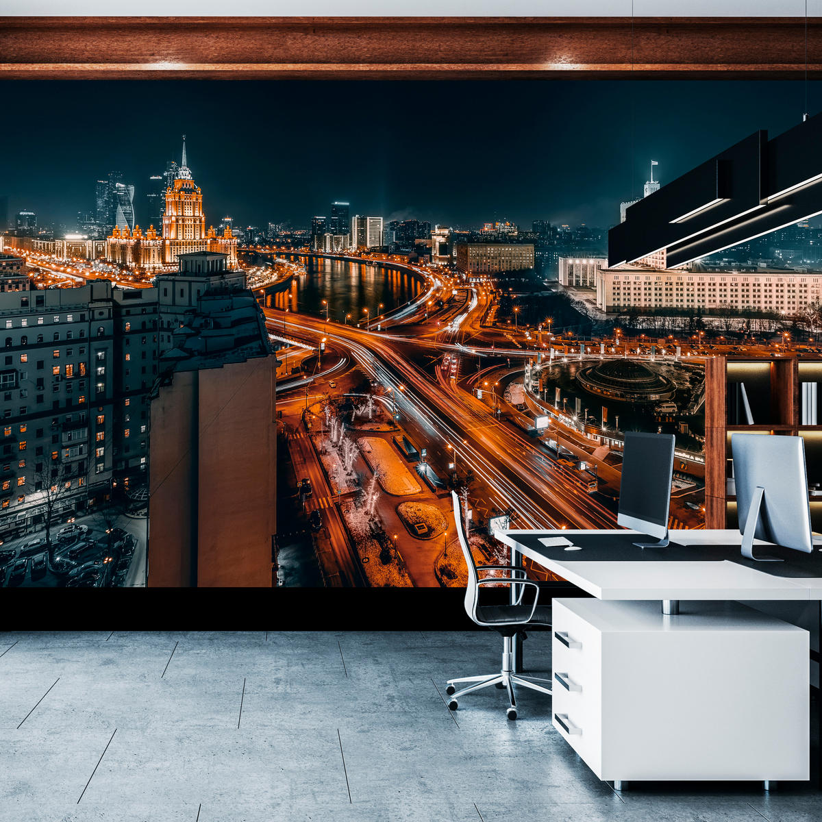 FOTOTAPETE für Wohnzimmer Moskau Nacht Panorama Metropole Straßen 200x140 - Beige/Schwarz, Papier (200/140cm) - Muralo