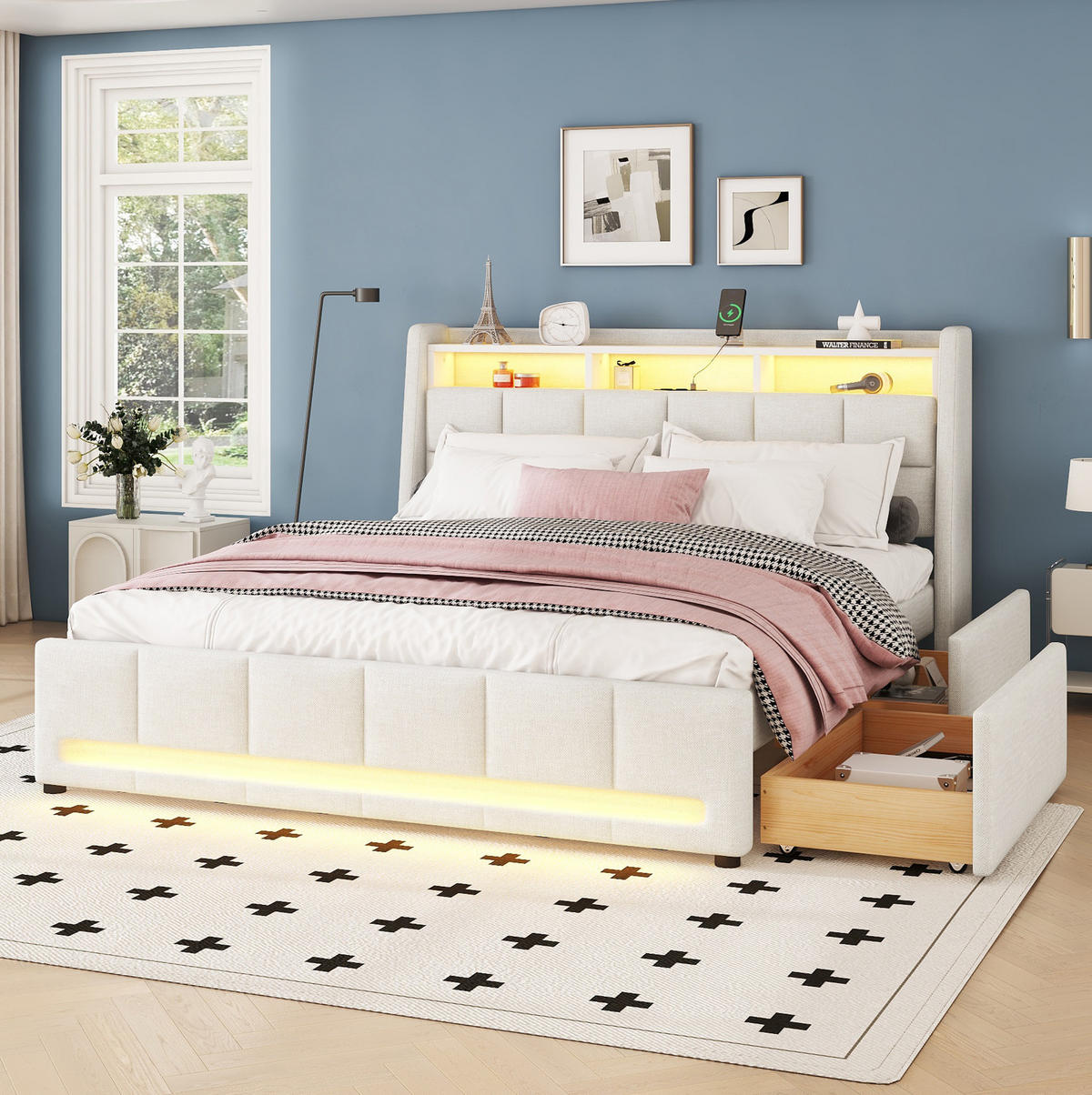 POLSTERBETT aus Leinen und MDF 140x200 cm Beige mit LED-Beleuchtung, USB-Anschluss und Schubladen - Beige, Textil (140/200cm) - IVMEU
