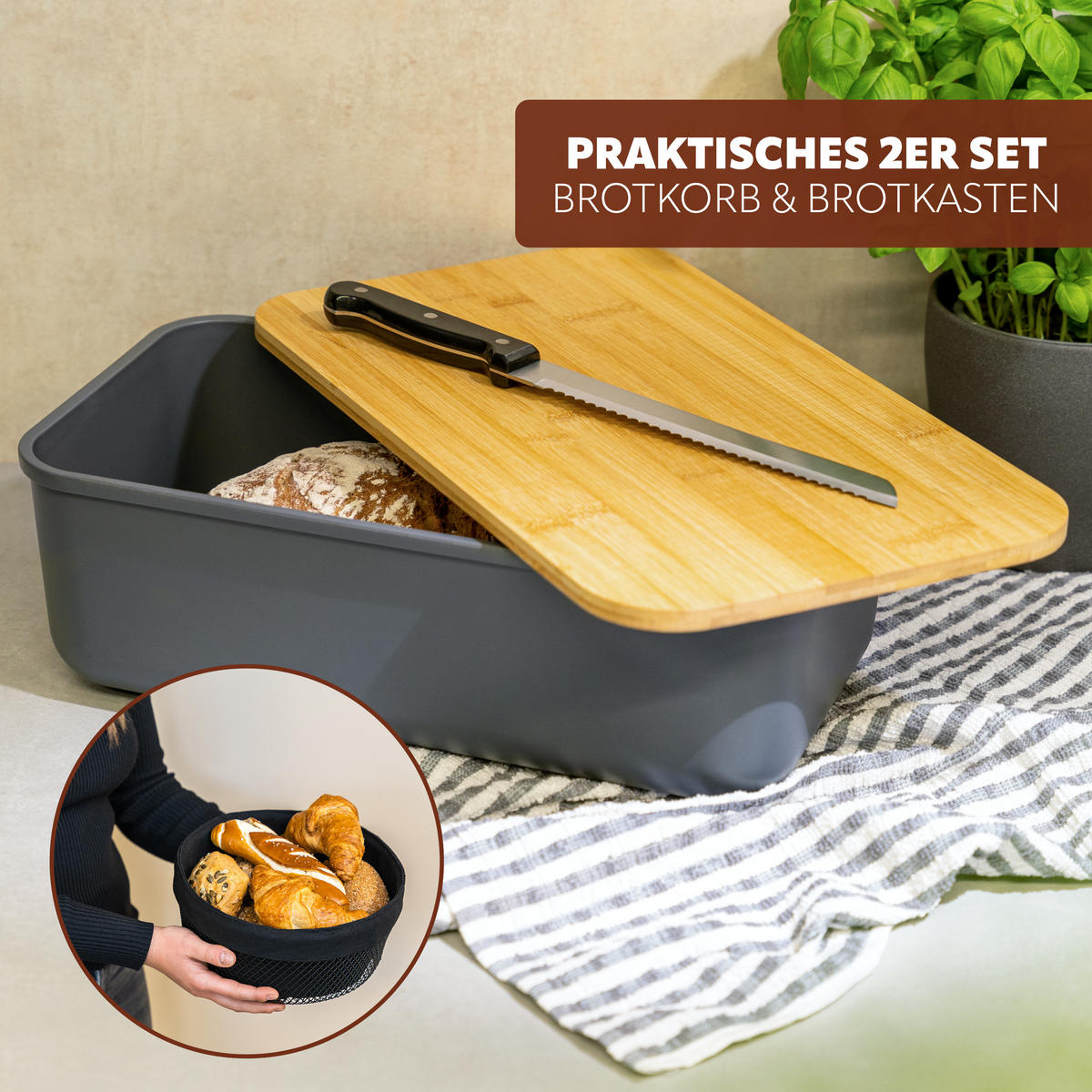BROTAUFBEWAHRUNGS-SET 2tlg., Kunststoff, Metall, grau - Grau, Kunststoff (40/12.5/23cm) - eluno