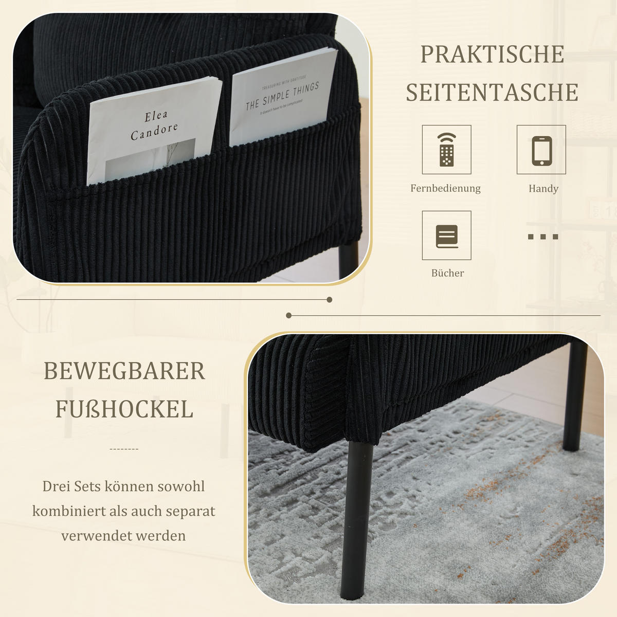 3-SITZER Sofa mit Seitentaschen, Metallgestell & Leinenstoff, 171cm, Schwarz - Schwarz, Textil/Metall (171/80/72cm) - LVHOM