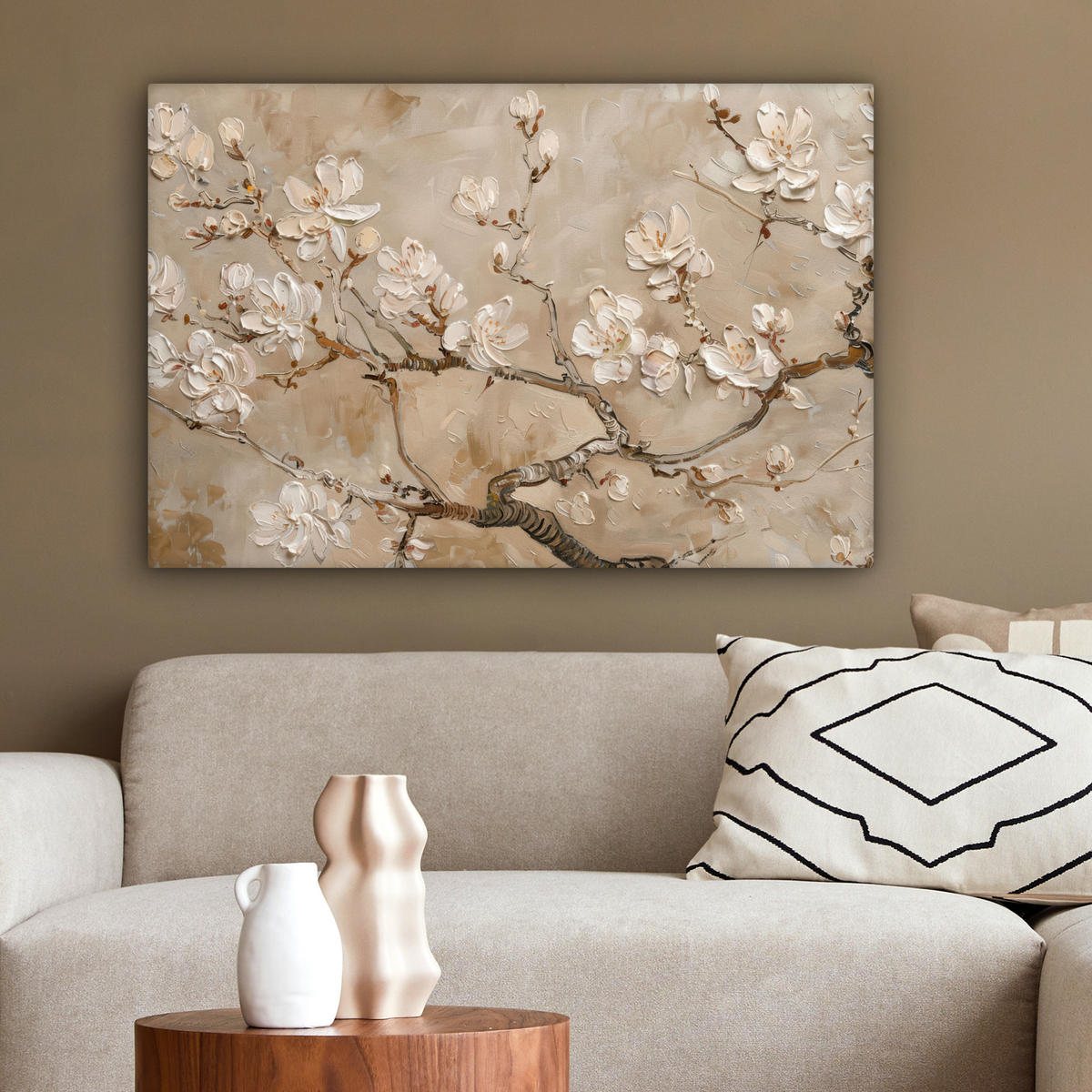 LEINWANDBILD - Blumen - Modern - Beige - Weiß - Blüte - 90x60 - Deko Wohnzimmer - Beige, Textil (90/60cm) - MuchoWow