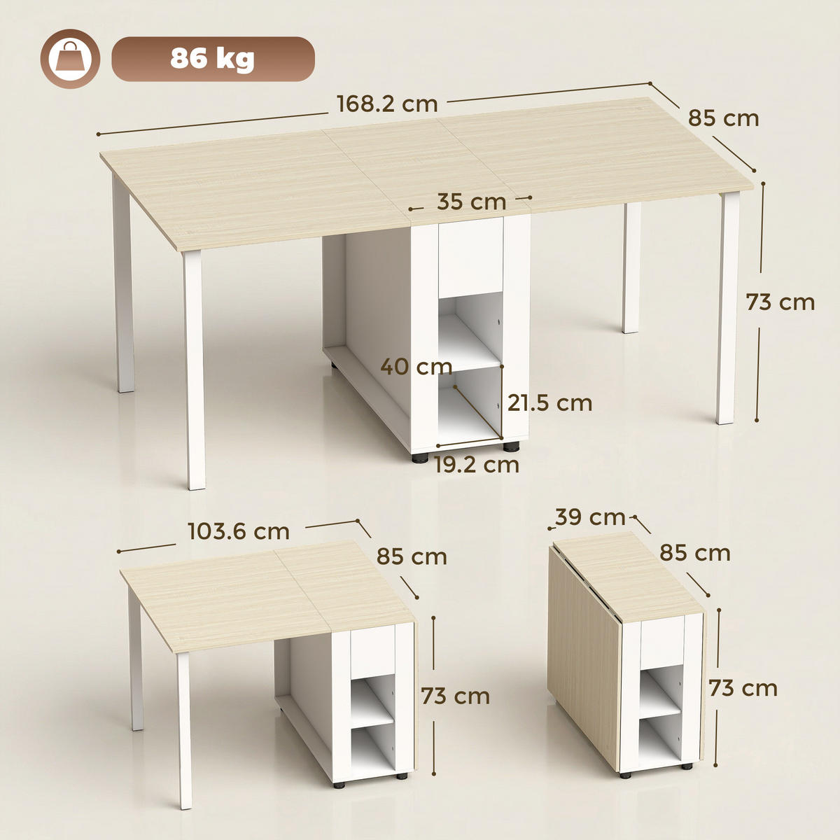 ESSTISCH Weiß, Holzoptik 1 Stück - Weiß, Kunststoff (168.2/85/73cm) - GiPP