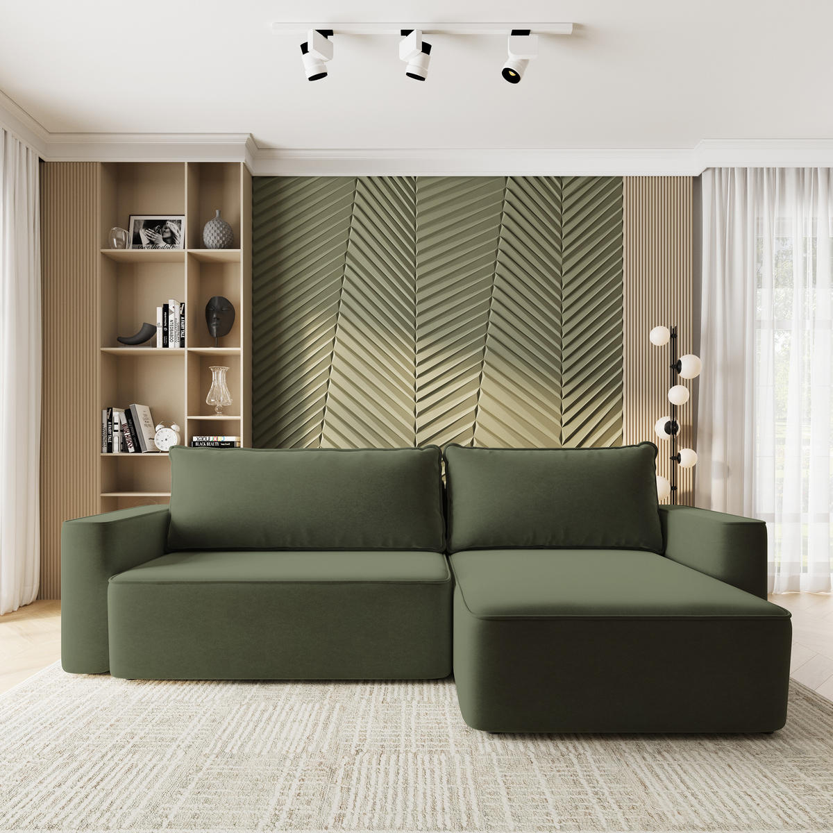 ECKSOFA BELARO CL Olivgrün Samtstoff mit Schlaffunktion - Olivgrün, Holzwerkstoff/Textil (280/162cm) - MASSENO