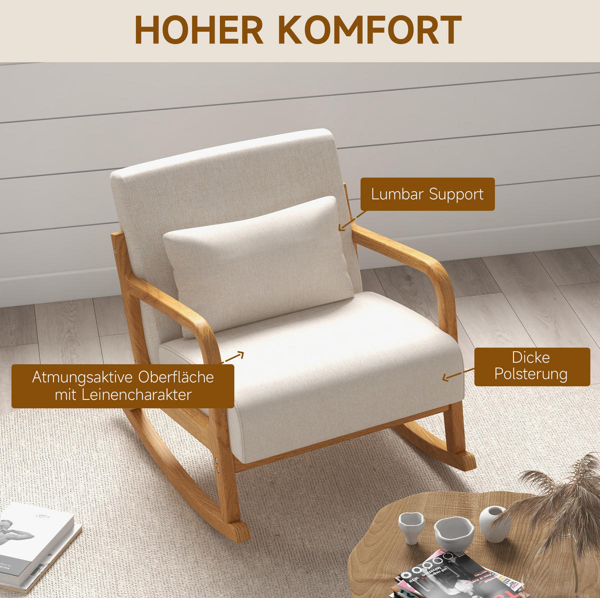 SCHWINGSTUHL mit Armlehnen und Holzgestell in Cremeweiß 64,5/92/81,5 cm - Creme, Holz (92/81.5/64.5cm) - BEAOK
