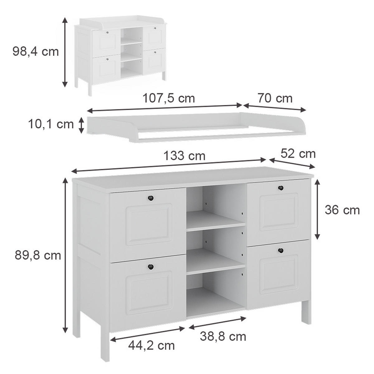 WICKELKOMMODE Ajaton Weiß 133 x 98.4 cm mit 4 Schubladen - Weiß, Holzwerkstoff (133/98.4/70cm) - VitaliSpa