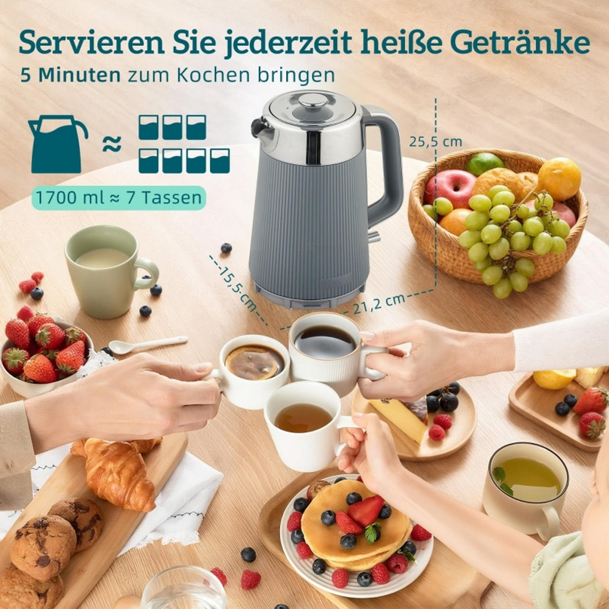 WASSERKOCHER-TOASTER Set und 4 Scheiben Toaster, Grau, 21,2/15,5/25,5 cm - Grau, Kunststoff (15.5/25.5/21.2cm) - Rolipo