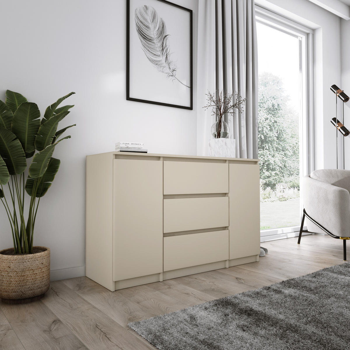 KOMMODE, 2 Türen & 3 Schubladen, Beige, 120 x 39 x 78 cm - Beige, Holzwerkstoff (120/78/39cm) - 3XE LIVING