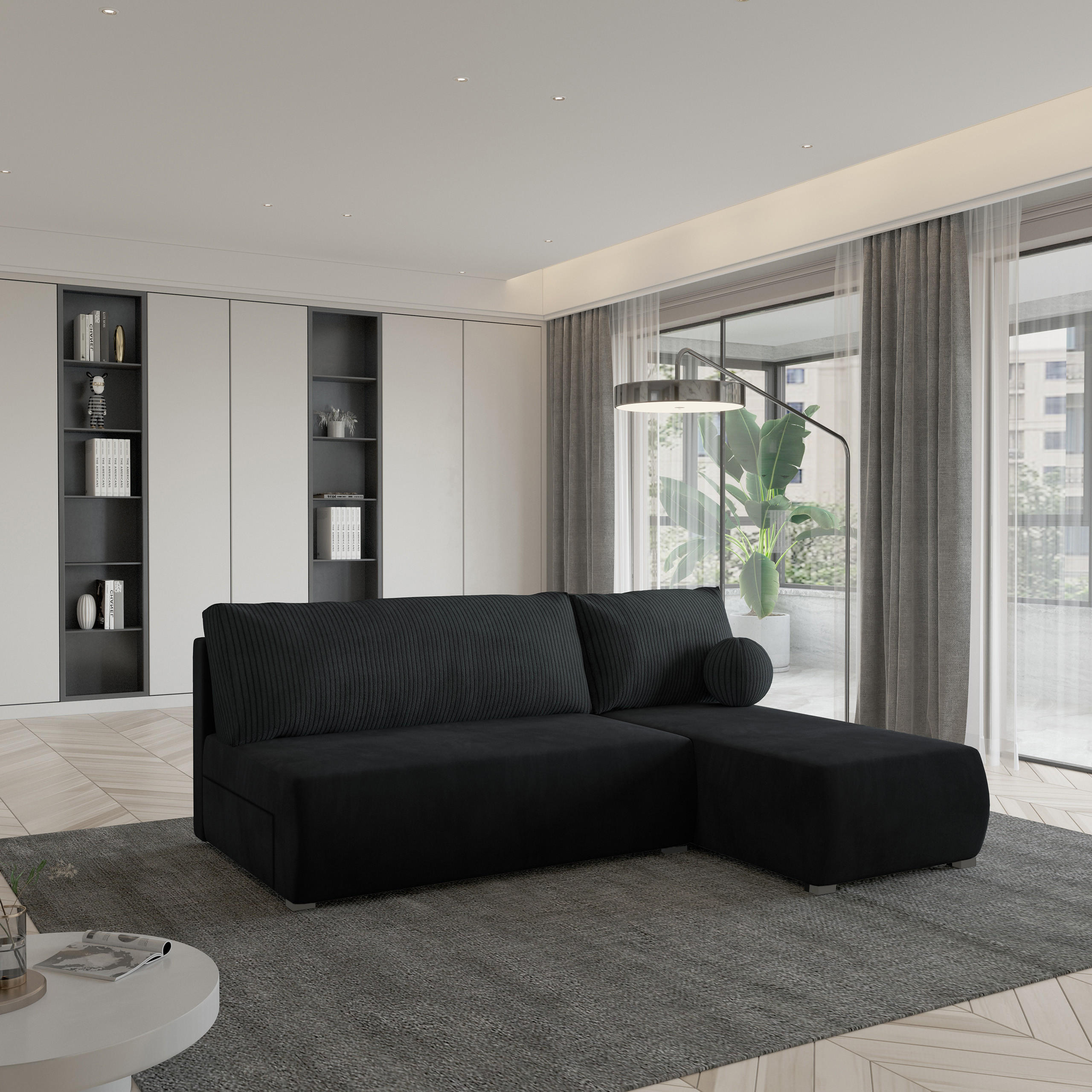 ECKSOFA PARVELO Schwarz Plüsch-Stoff mit Schlaffunktion - Schwarz, Holz (200/143cm) - MASSENO