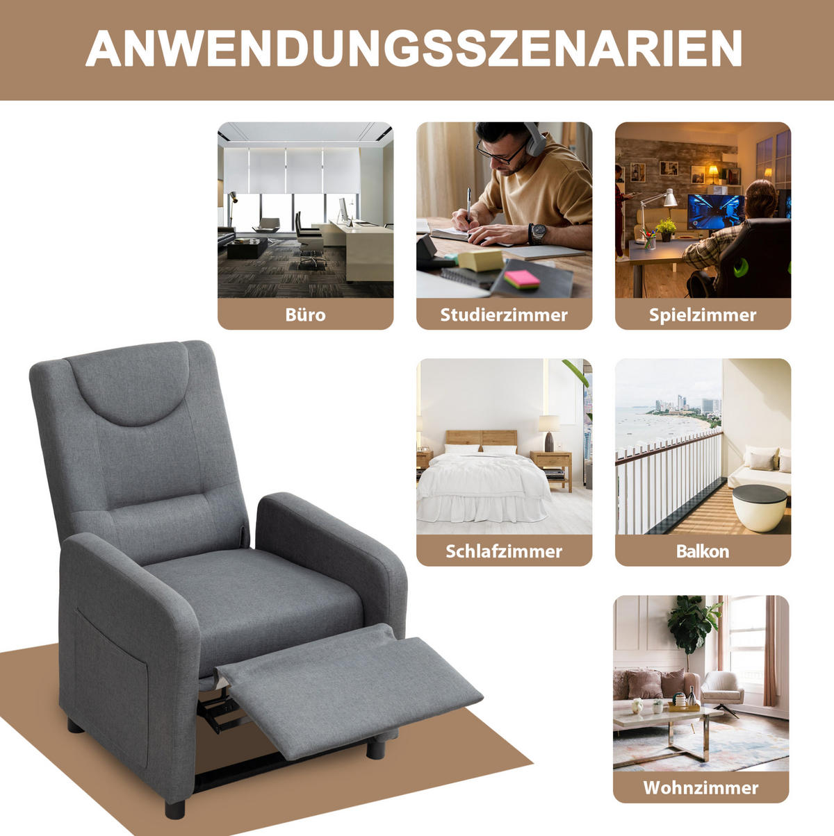 RELAXSESSEL Leinen mit verstellbarer Rückenlehne, Fußstütze 76,5/67,5/95,5 cm Dunkelgrau - Grau, Kunststoff (67.5/95.5/76.5cm) - Redom
