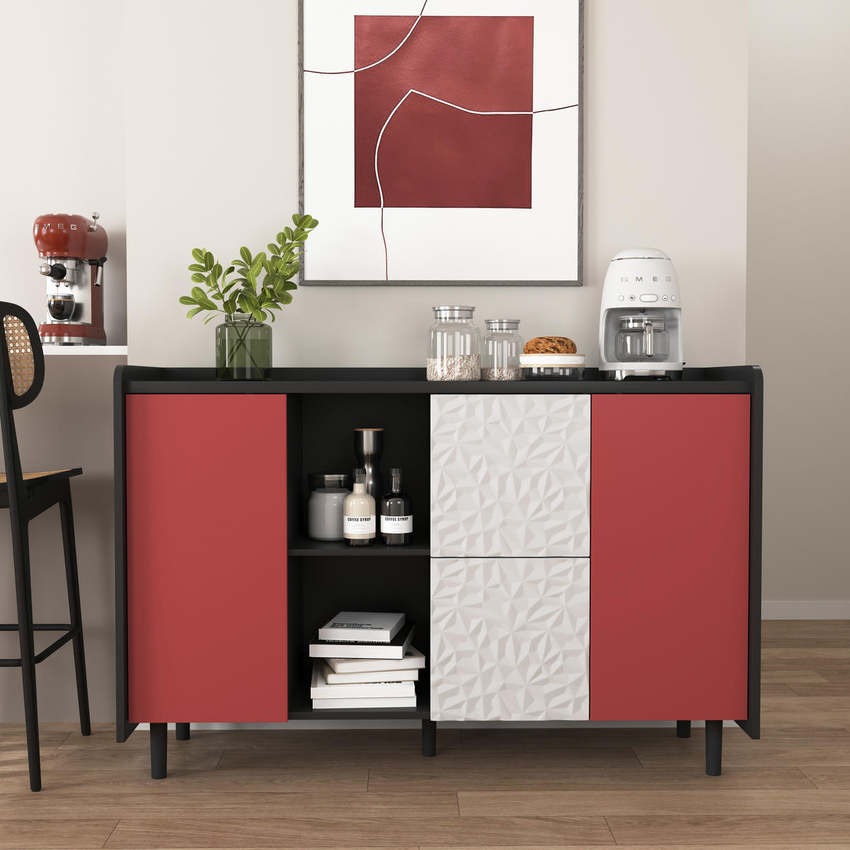 SIDEBOARD Schwarz Rot Weiß, mit Türen, 2 Schubladen, Innenfächern und geometrischer Strukturfront, 120/40/80 cm - Rot/Schwarz, Holzwerkstoff (120/80/40cm) - WISHDOR