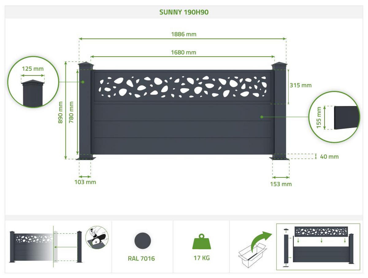 VORGARTENZAUN 2er-Set Sunny grau 1,9m H.90cm aluminium - Grau, Metall (310/89cm) - Casanoov