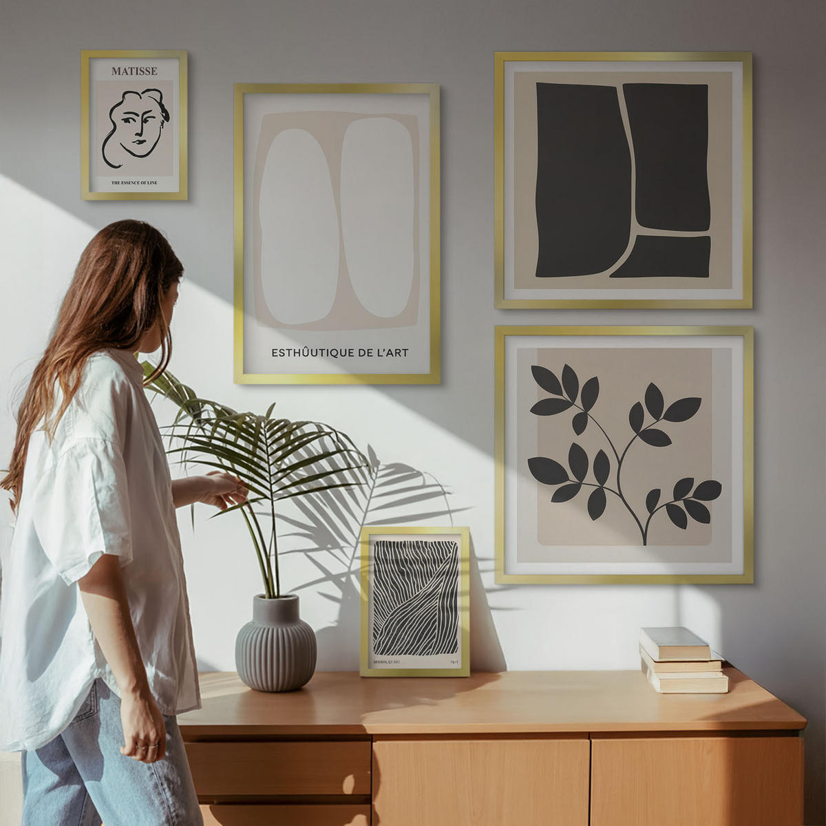 WANDBILDER 5er Set - 50x50 cm & 20x30 cm & 40x60 cm Goldrahmen - Minimalistische Pflanzenmuster - Goldfarben, Kunststoff (40/60cm) - ArtPrintCave