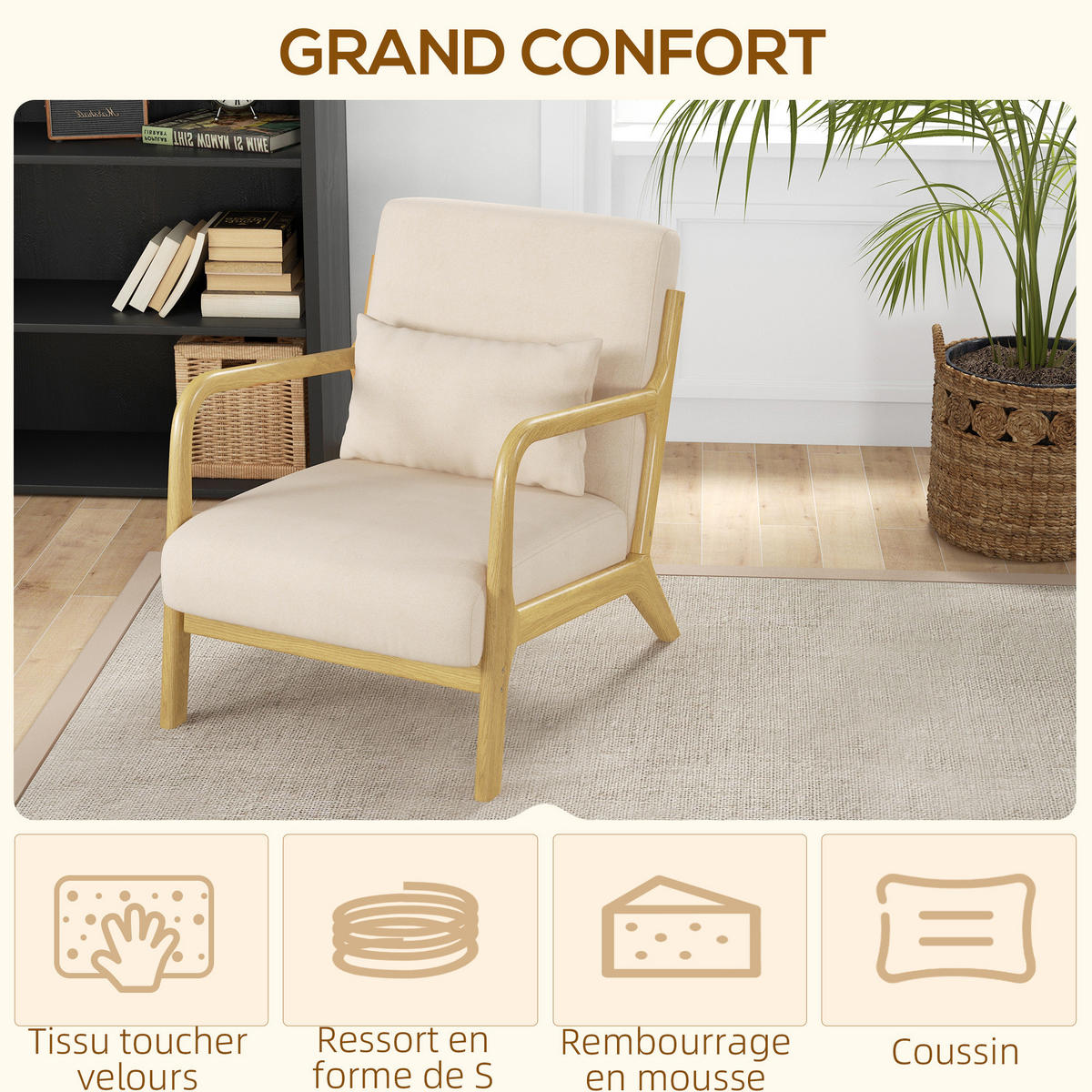 ARMLEHNSTUHL DE-13201 3 Kissen & tiefe Sitzfläche Beige - Beige, Holz (78/76/61cm) - ComfortXL
