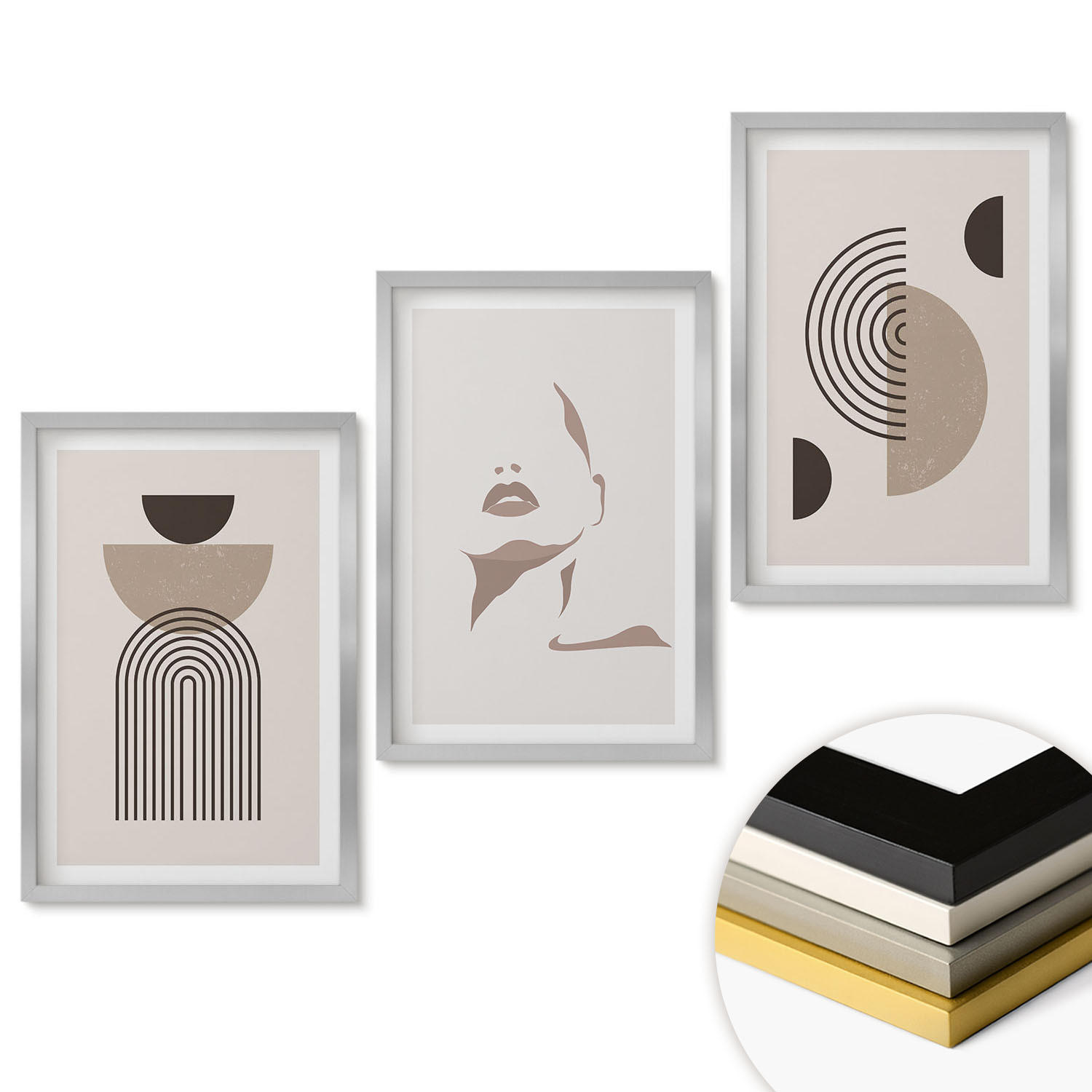 WANDBILDER 3er Set - 40x60 cm Silberner Rahmen - Abstrakte Formen und Gesicht - Silberfarben, Kunststoff (40/60cm) - ArtPrintCave
