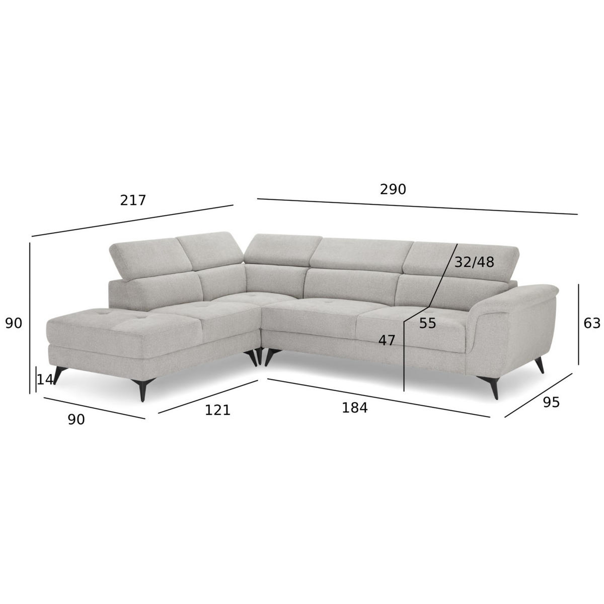 ECKSOFA Webstoff Grau - Schwarz/Grau, Textil/Metall (290/95cm) - Furnhouse