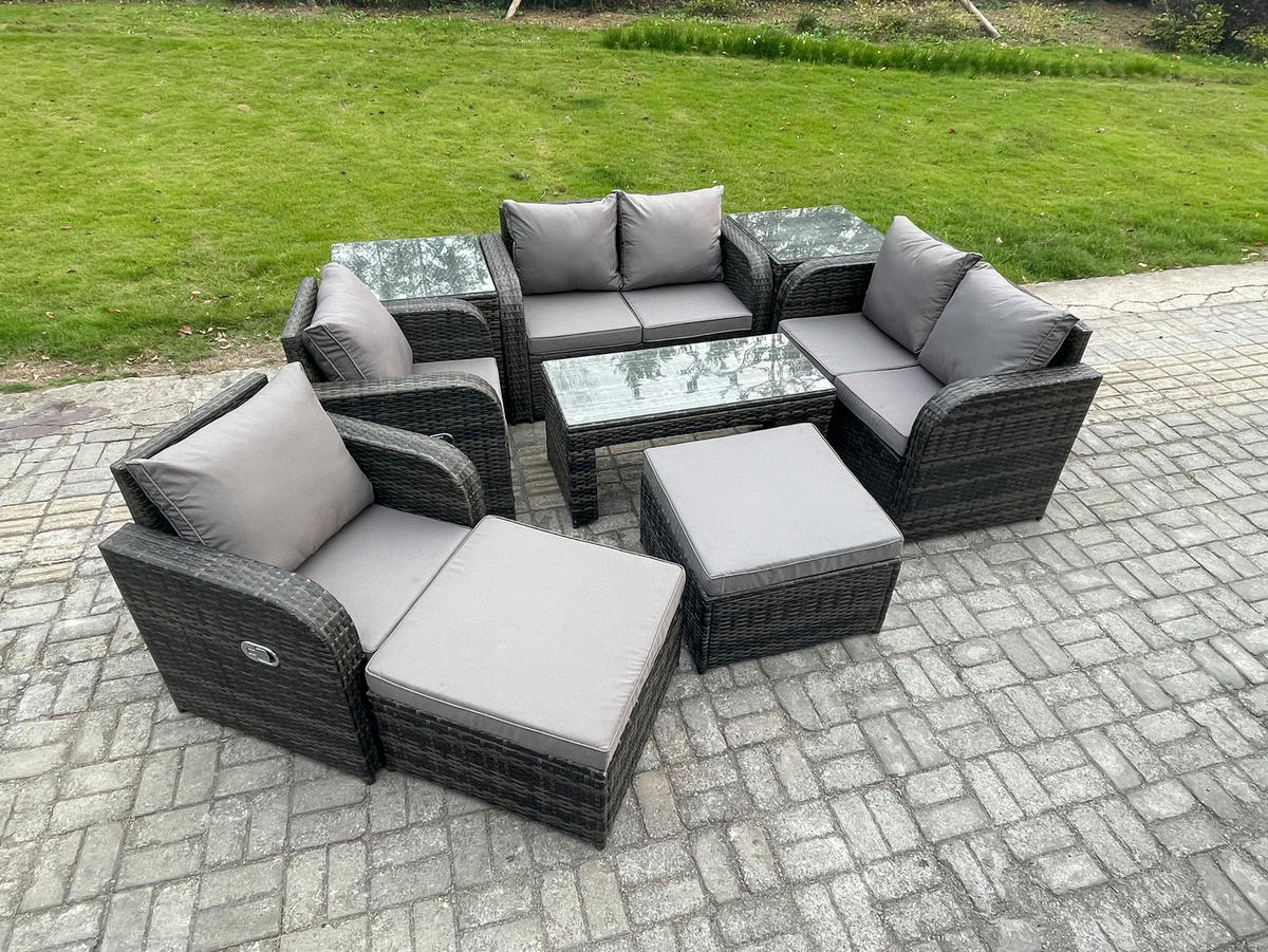 GARTENSOFA SET mit LIEGESTUHL Polyrattan 8-Sitzer Dunkelgrau - Dunkelgrau/Grau, Glas/Kunststoff - Fimous