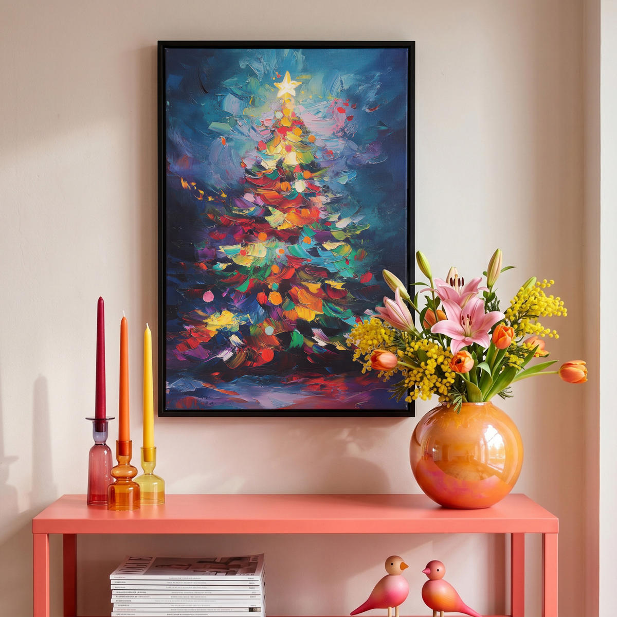LEINWAND Bilder mit Rahmen - Weihnachtsbaum - Weihnachten - Abstrakt - Farbenfroh - 40x60 - Multicolor, Textil (40/60cm) - MuchoWow