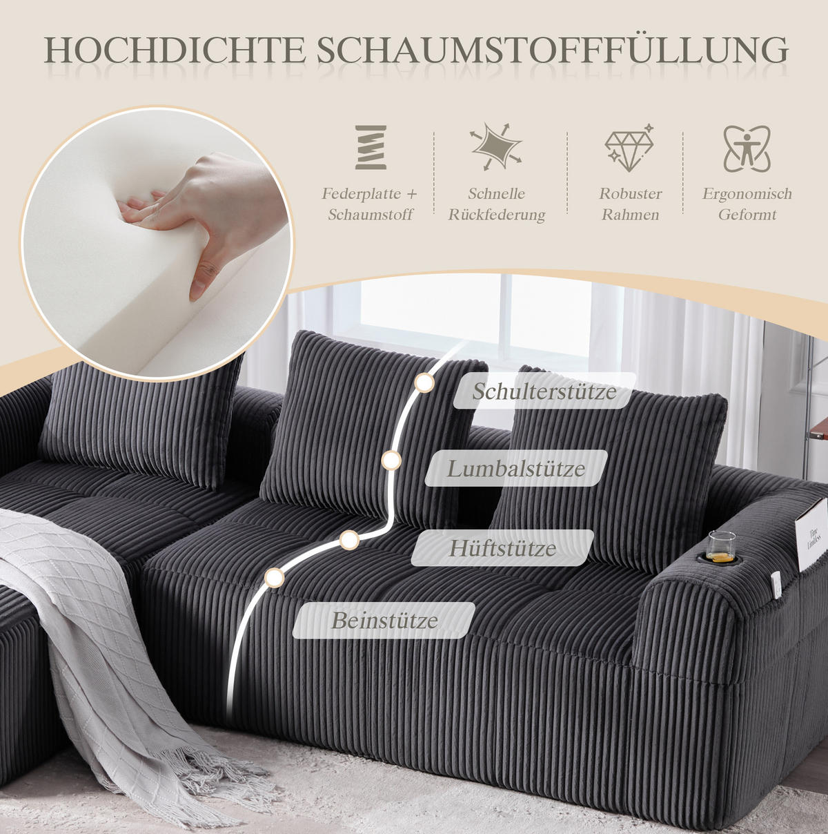 ECKSOFA aus Cord 253x158x61 cm in Dunkelgrau mit Seitenfach & Becherhalter - Dunkelgrau, Textil (158/253cm) - Modfu