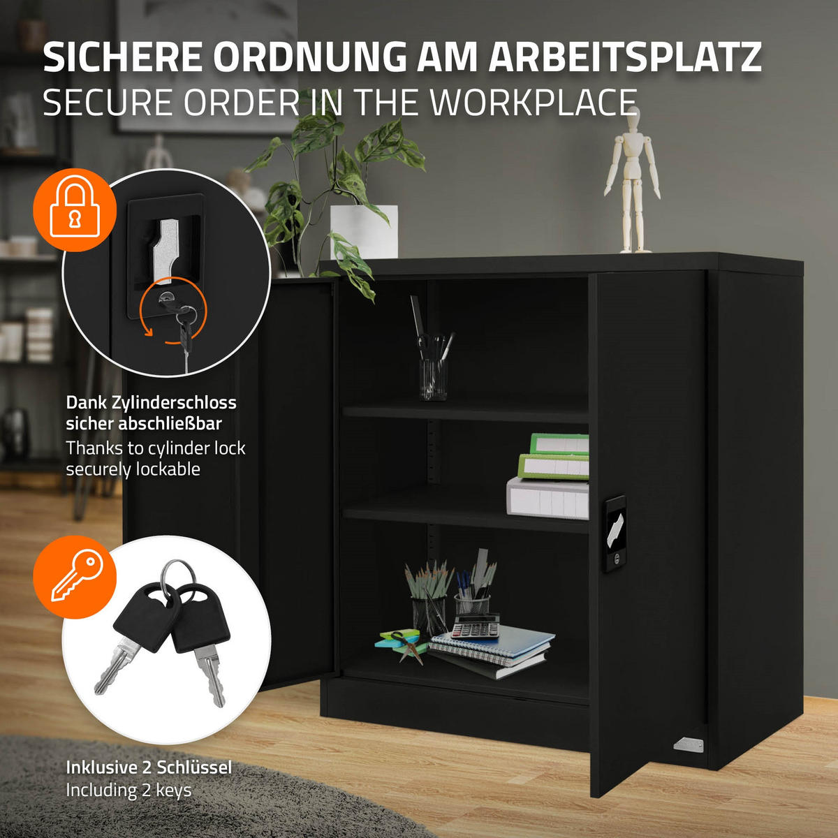 AKTENSCHRANK 90x40x90 cm Schwarz aus Stahl - Schwarz, Metall (40/90/90cm) - ML-DESIGN