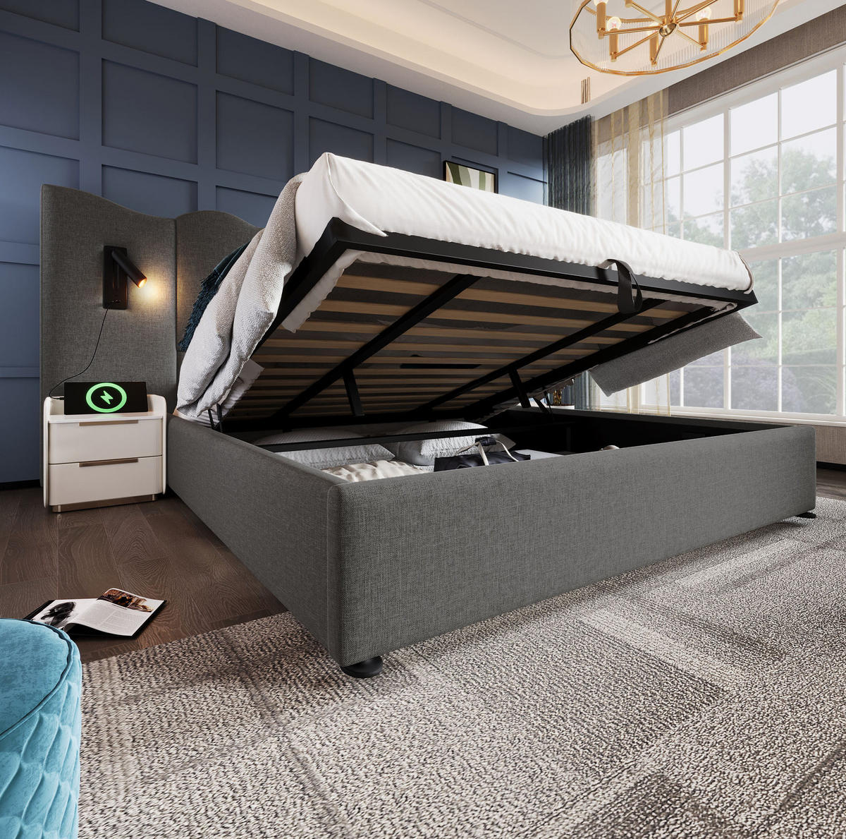 POLSTERBETT 180/200 cm Grau mit Stauraum, Leselampe und USB- und Type-C-Anschlüssen - Grau, Textil (180/200cm) - Flora Grace