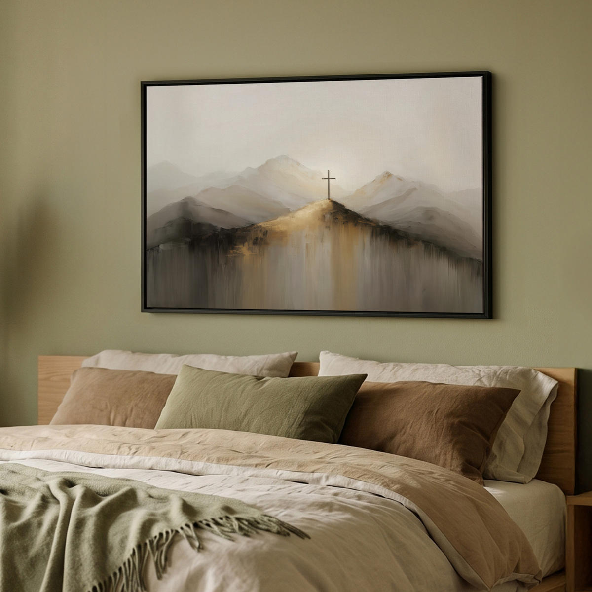 LEINWAND Bilder mit Rahmen - Hügel - Abstrakt - Kreuz - Christentum - 90x60 - Beige, Textil (90/60cm) - MuchoWow