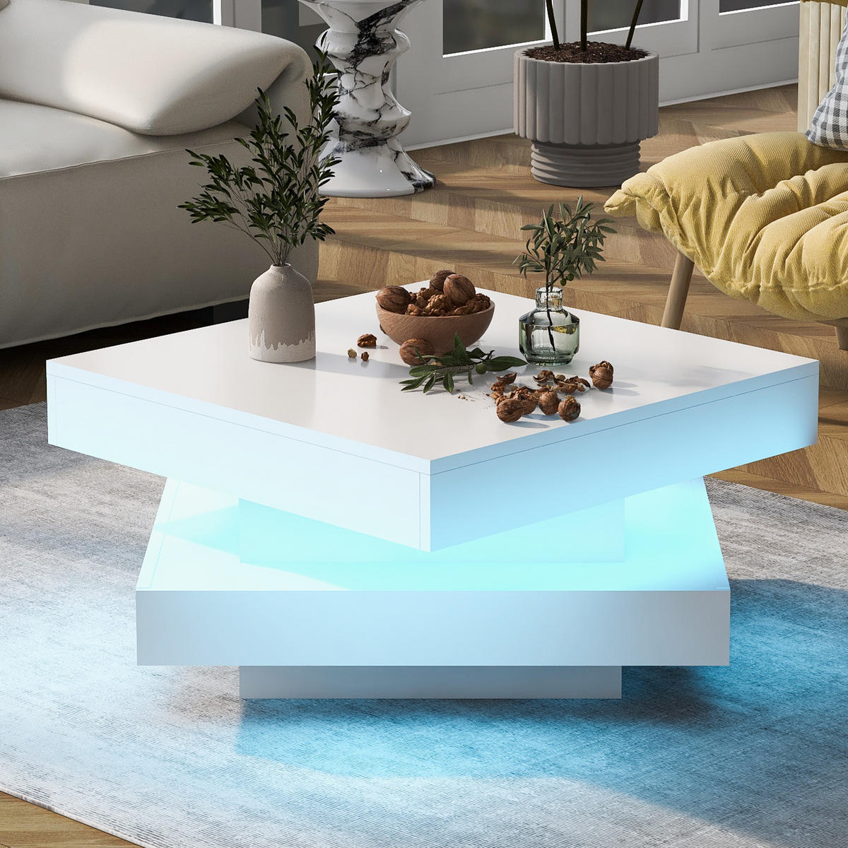 COUCHTISCH 70/70/36 cm Weiß aus Holzwerkstoff mit 360° drehbarer Tischplatte und LED-Lichtband - Weiß, Holzwerkstoff (70/70/36cm) - OKWISH