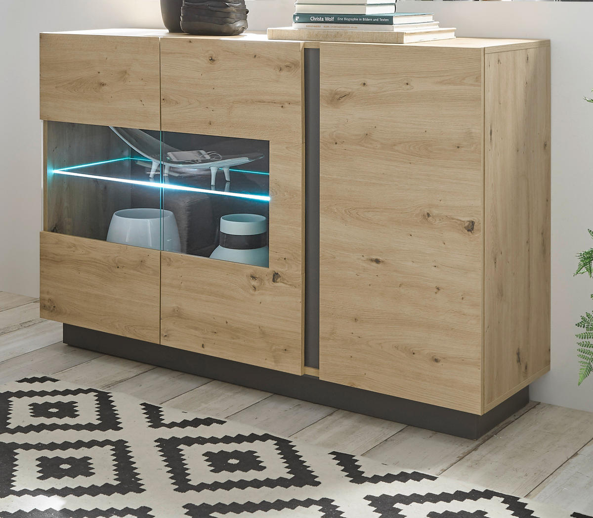 SIDEBOARD Eiche Artisan, Graphit grau 138 cm, Kommode mit Soft-Close - Eiche Artisan/Grau, Glas/Holz (138/91/40cm) - Furn.Design