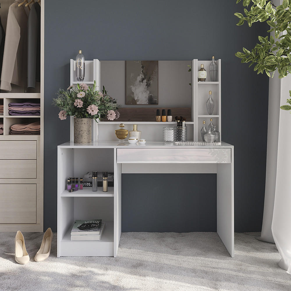 SCHMINKTISCH Sherry Weiß/Weiß Hochglanz 119.8 cm 4 Teile - Weiß Hochglanz, Holzwerkstoff (119.8/76/50.1cm) - Vicco