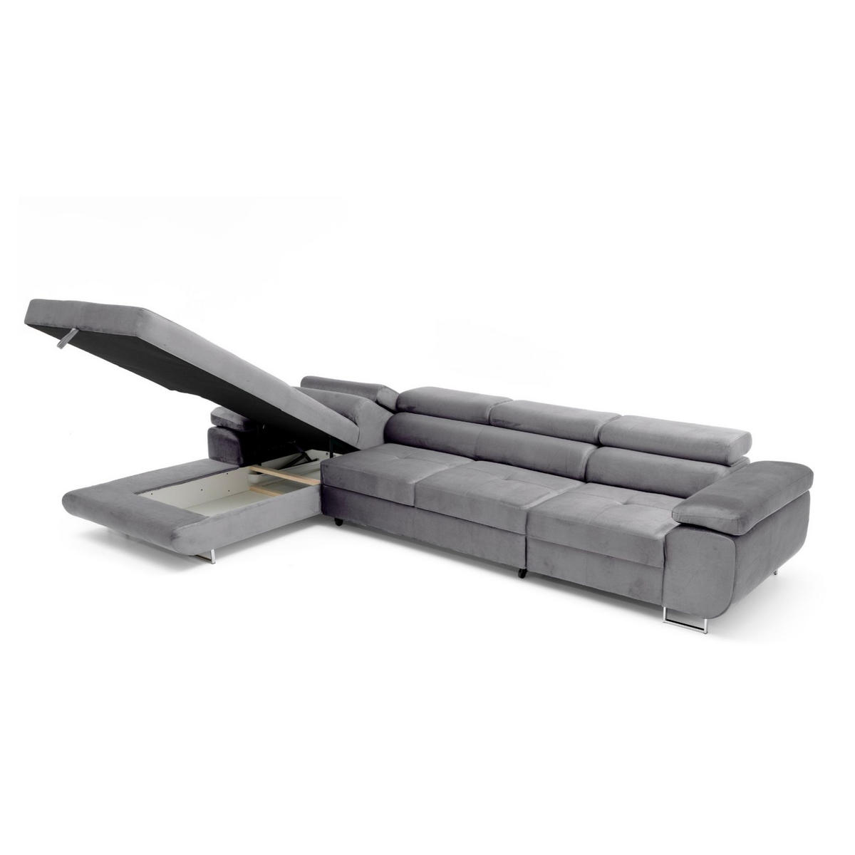 ECKSOFA ALONZO MAXI Links mit Schlaffunktion 125x195 Velours Grau - Silberfarben/Grau, Holz/Textil (350/203cm) - Muffo