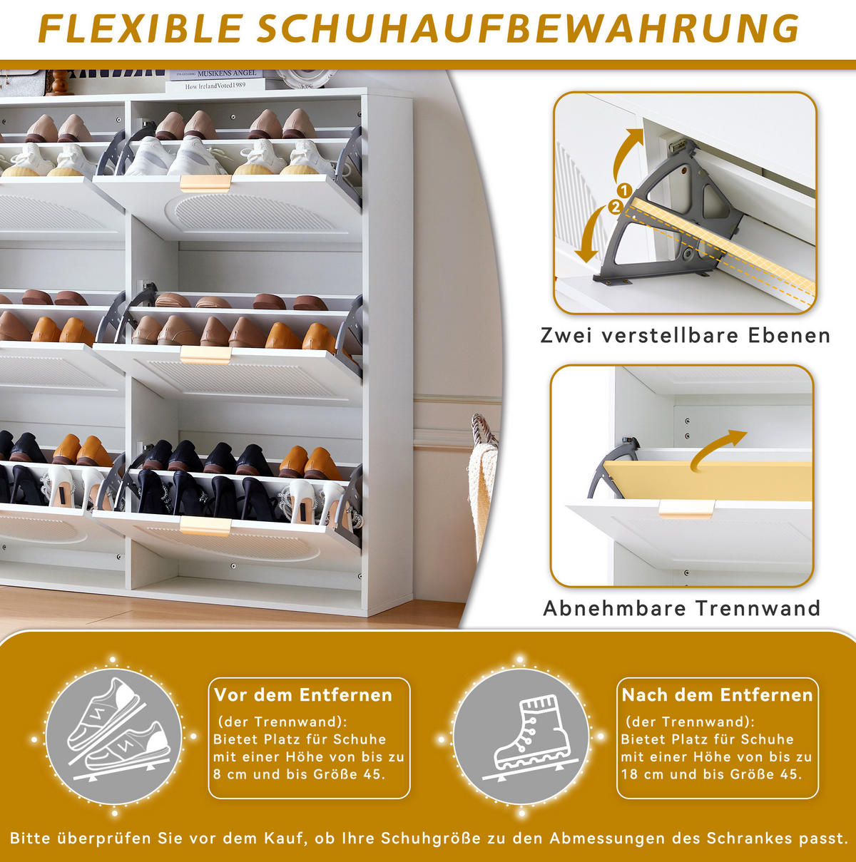 SCHUHSCHRANK mit 6 Klappen 118/25/115 cm in Weiß, schmales Design - Weiß, Holzwerkstoff (118/115/25cm) - BEAOK