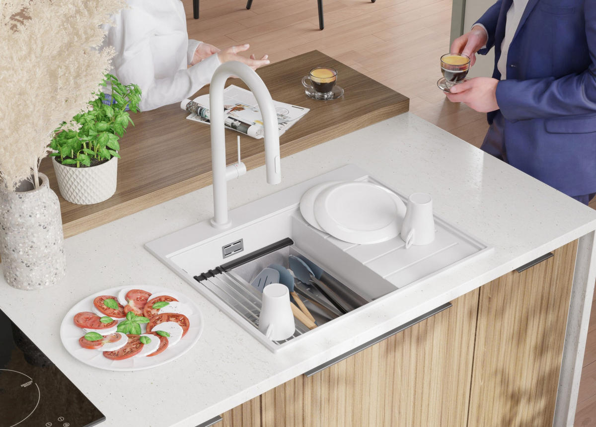 SPÜLBECKEN Sydney, 2-er set Weiß 62/50 cm 1 Becken + Ablauf-Set + Küchenzubehörset ab 40er Unterschrank - Chromfarben/Beige, Kunststoff (62/20/50cm) - Primagran