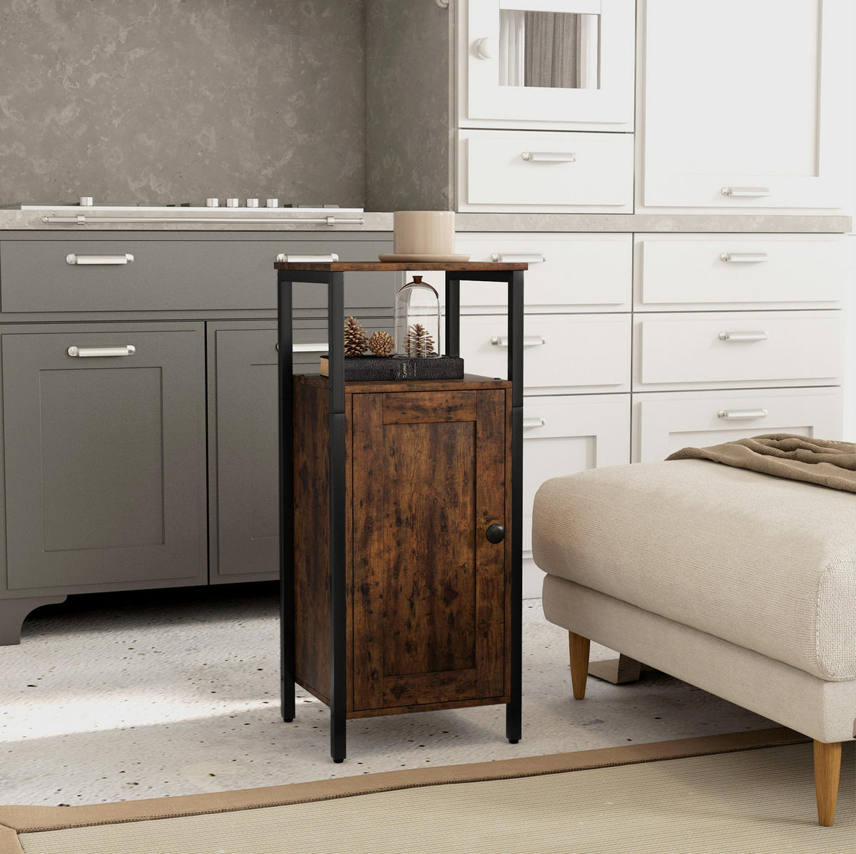 BEISTELLTISCH aus Sperrholz 34x30x80 cm Braun mit Schrank, 2 offenen Fächern und verstellbarem Innenregal - Braun, Holzwerkstoff (34/30/80cm) - Modfu